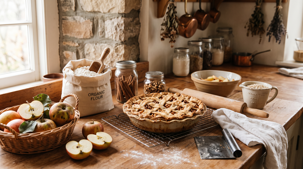 a table adorned with fall goods, apples, and apple pie.
