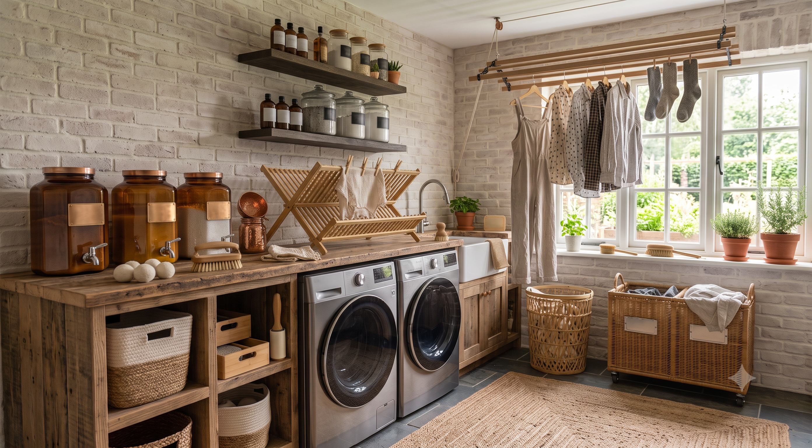 A well-lit, eco-conscious laundry room with stone walls, stocked with the finest in Bamboo Switch stock for a greener home