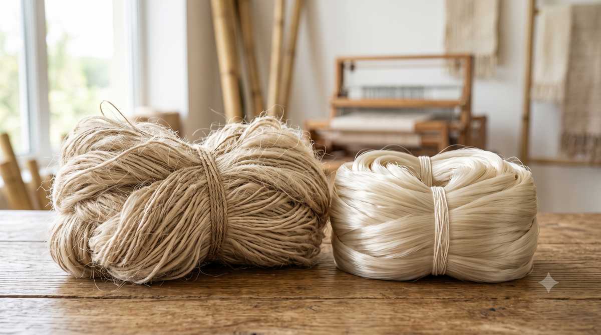 a depiction of natural fibers next to synthetic fibers on a table