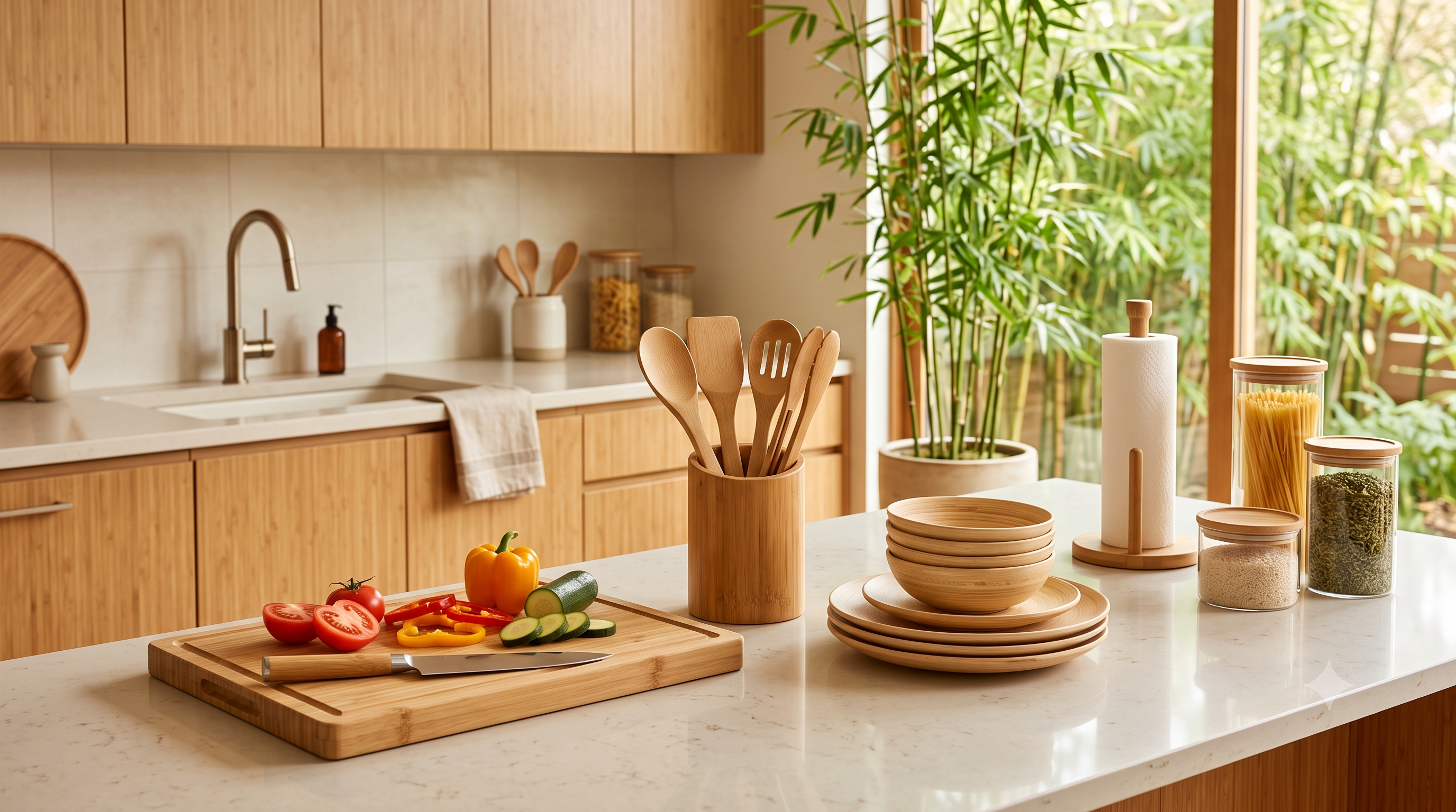A modern kitchen fully equipped with bamboo utensils, tools, and other home goods. | Bamboo Switch