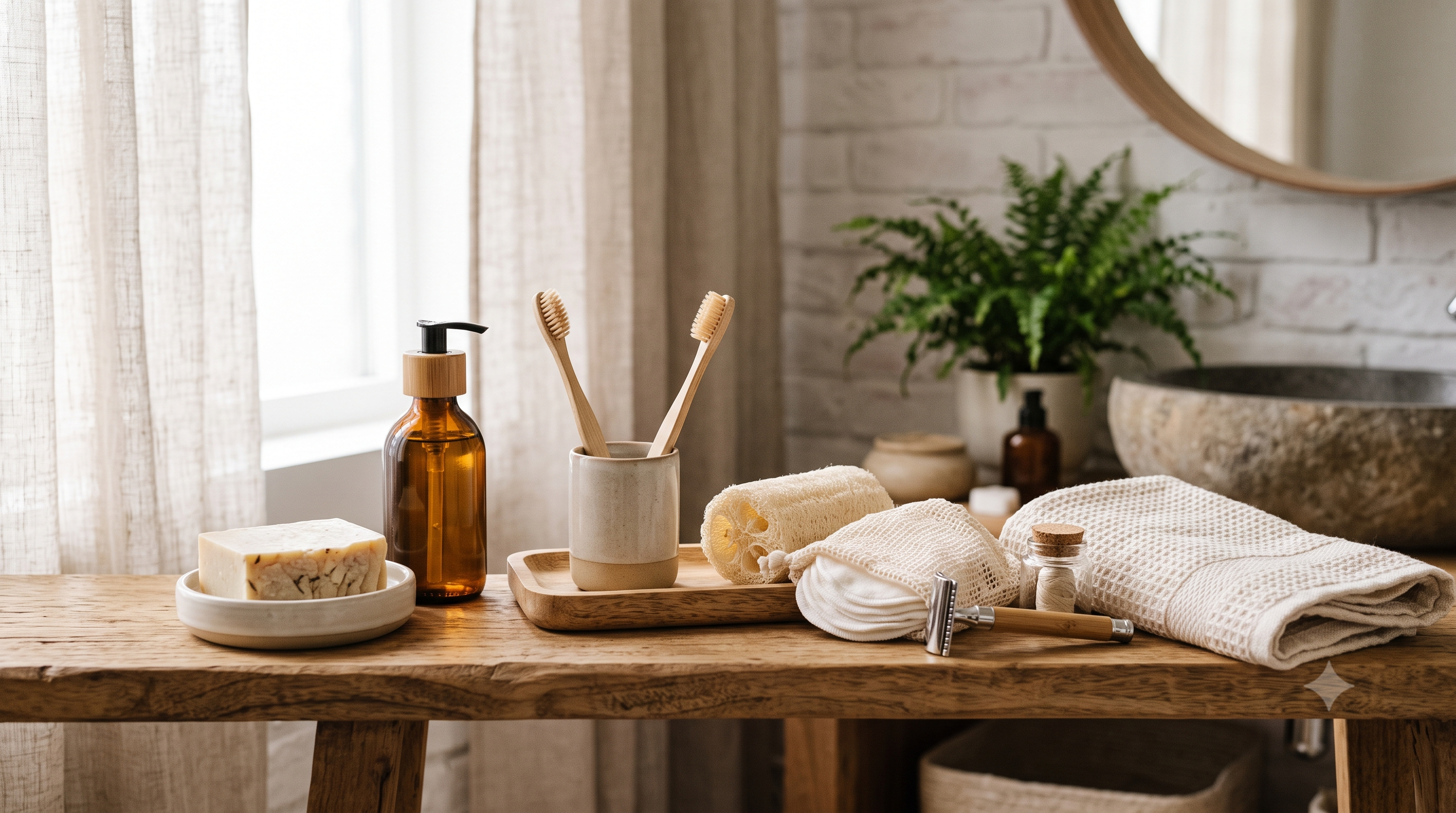 a bathroom layout of eco-conscious item swaps. The scene is sunny and clean.