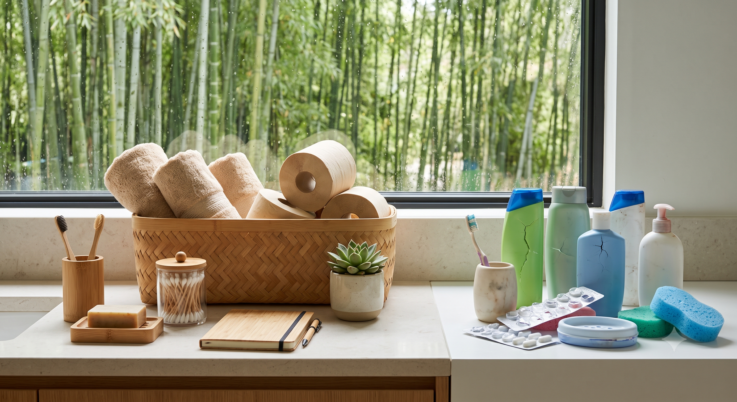 A contrasting bathroom counter showing plastic product being replaced with bamboo and natural products | Bamboo Switch