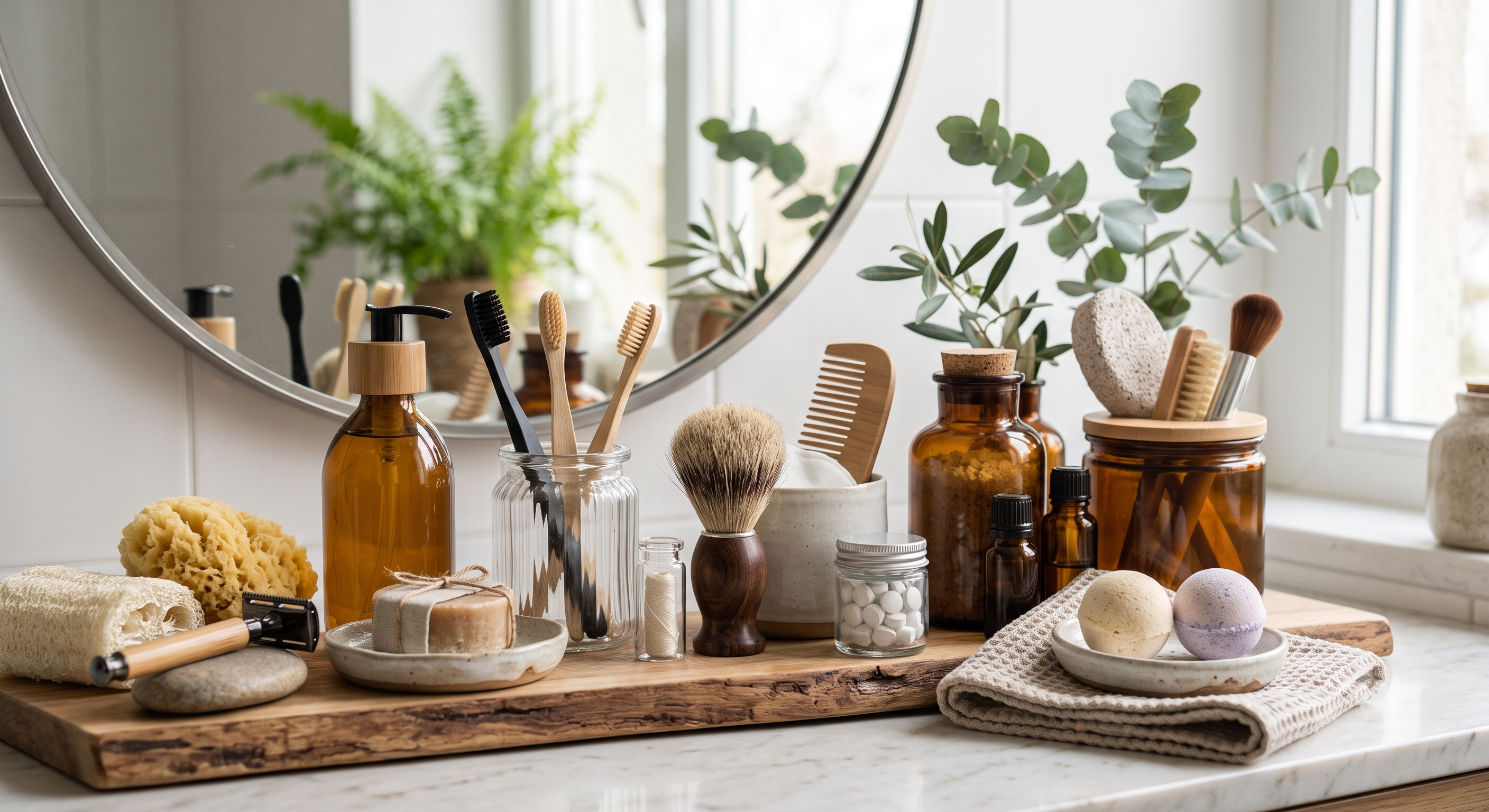 a family bathroom counter with an extensive variety of plastic free items.