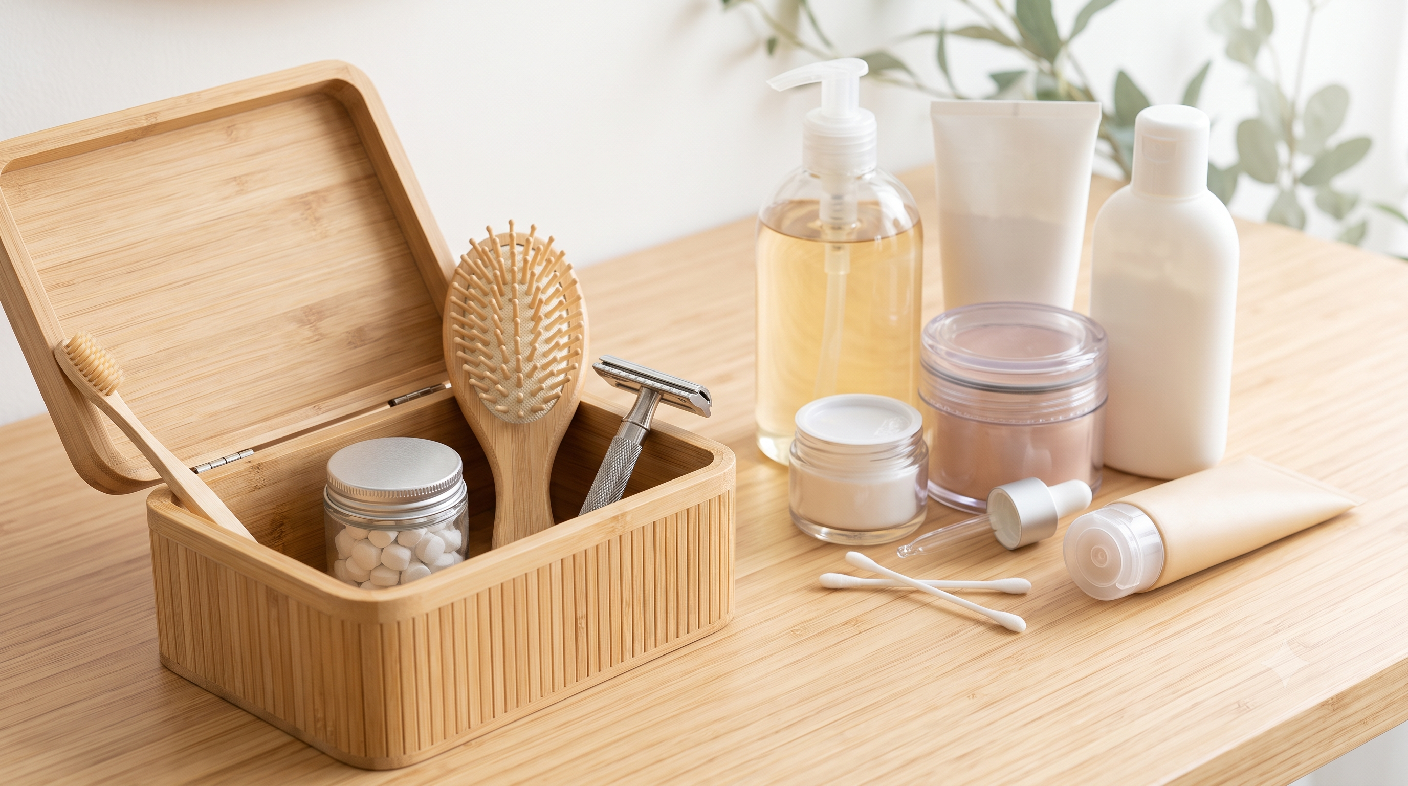 a contrasting photo of natural plastic-free products with hidden plastic products | Bamboo Switch