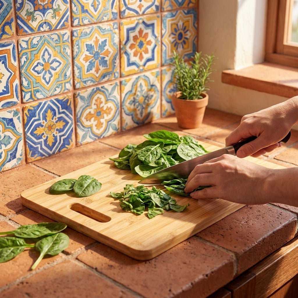 A person's hands are shown chopping fresh green spinach on a light-colored bamboo cutting board, set on a terracotta tiled kitchen counter with a patterned tile backsplash.