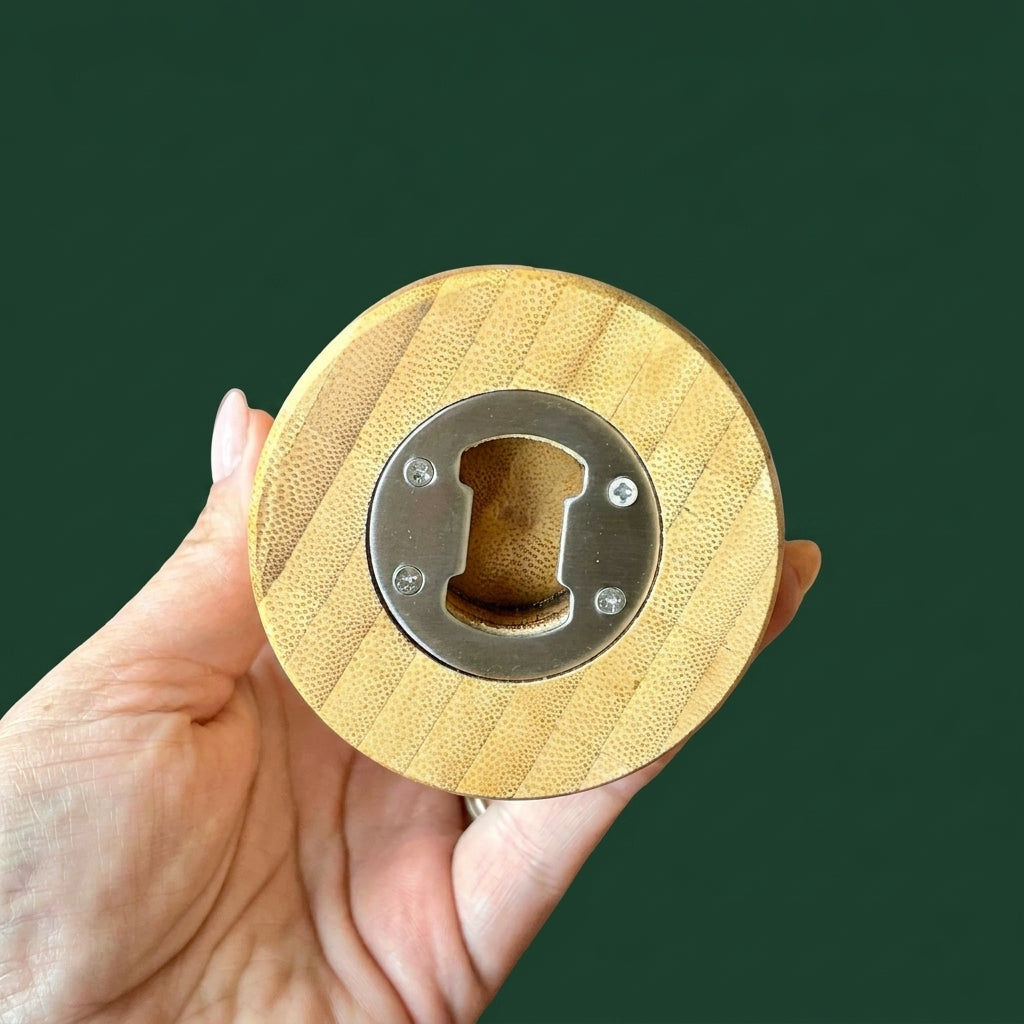 Bottom of Beer bottle opener, metal opener. hand holding it to display by Bamboo Switch