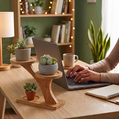Bamboo Plant Stand for Succulents in Use in an Office Setting | Bamboo Switch