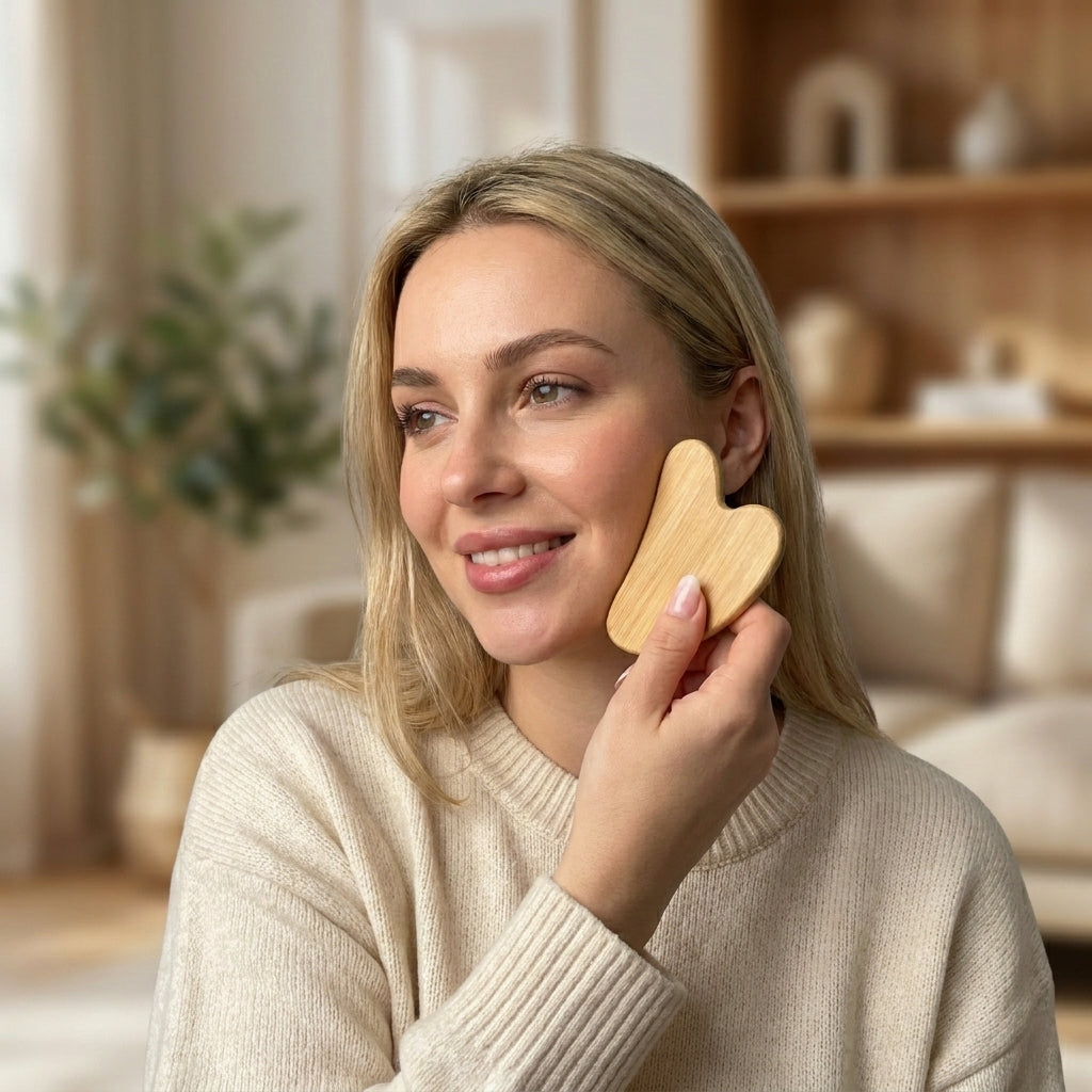 Woman holding a bamboo gua sha near her face in a cozy indoor setting