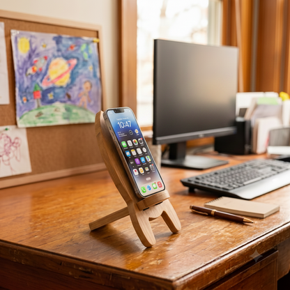 Bamboo Phone Stand Rocket Ship in use on dads desk | Bamboo Switch