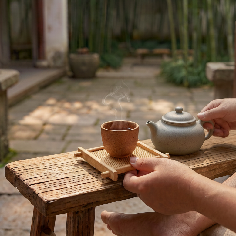 Bamboo Tea Cup Coaster in use during outside tea ceremony | Bamboo Switch