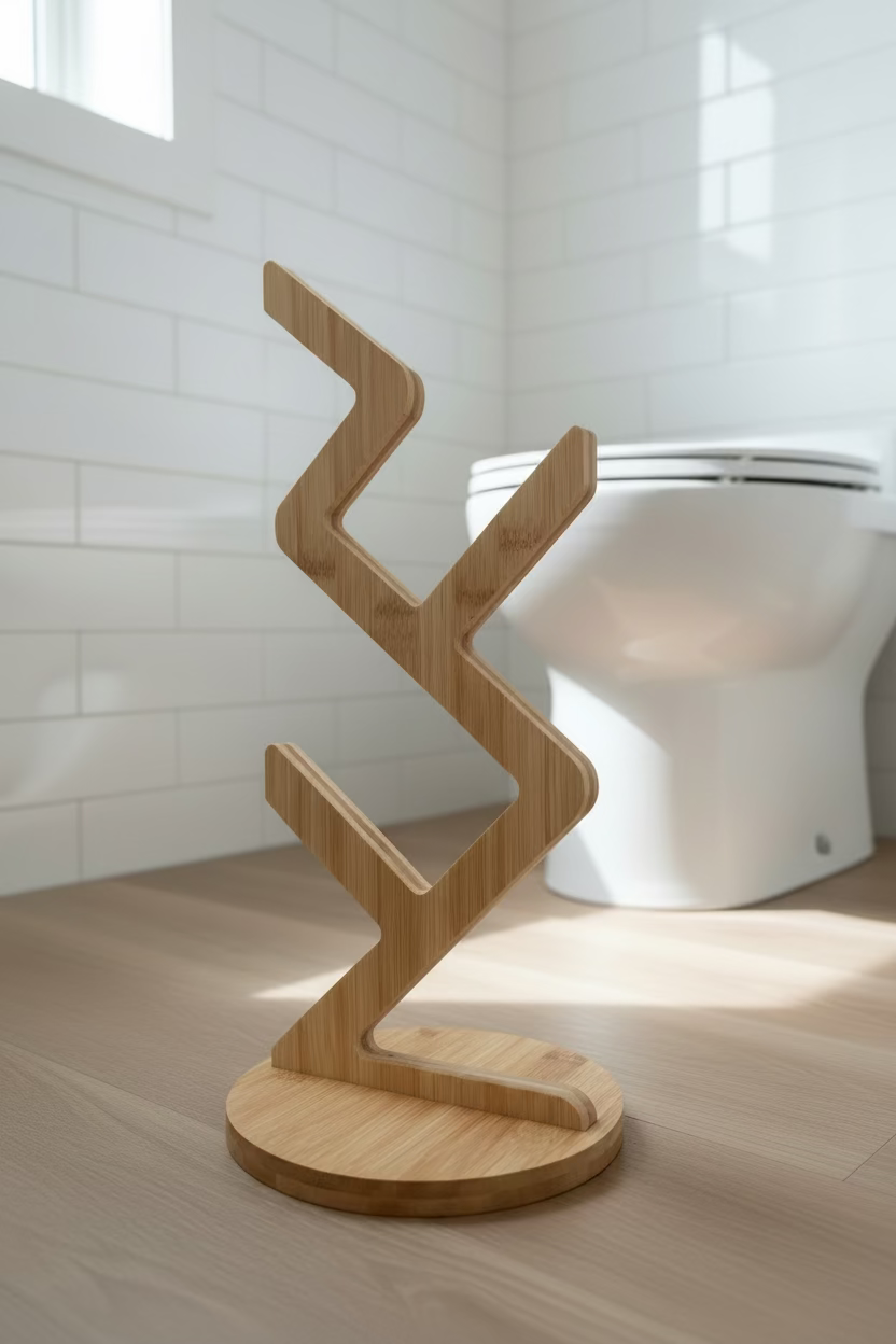 A light natural bamboo geometric toilet paper stand with a circular base by Bamboo Switch®