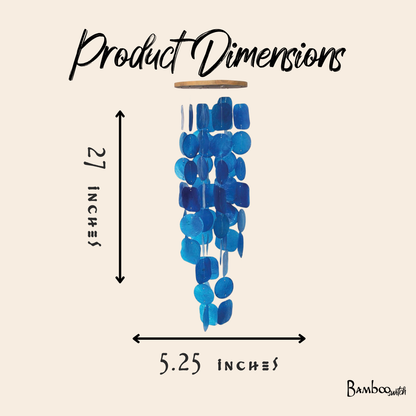 Product dimensions diagram for a bamboo wind chime. The chime is made of blue glass discs hanging from a light brown bamboo rod.