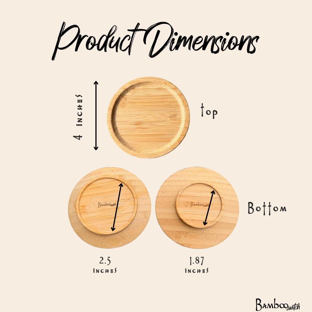 Product dimensions diagram for a round bamboo plate, showing a top-down view of 4 inches in diameter and a bottom view with a 2.5-inch diameter inner rim and 1 by Bamboo Switch