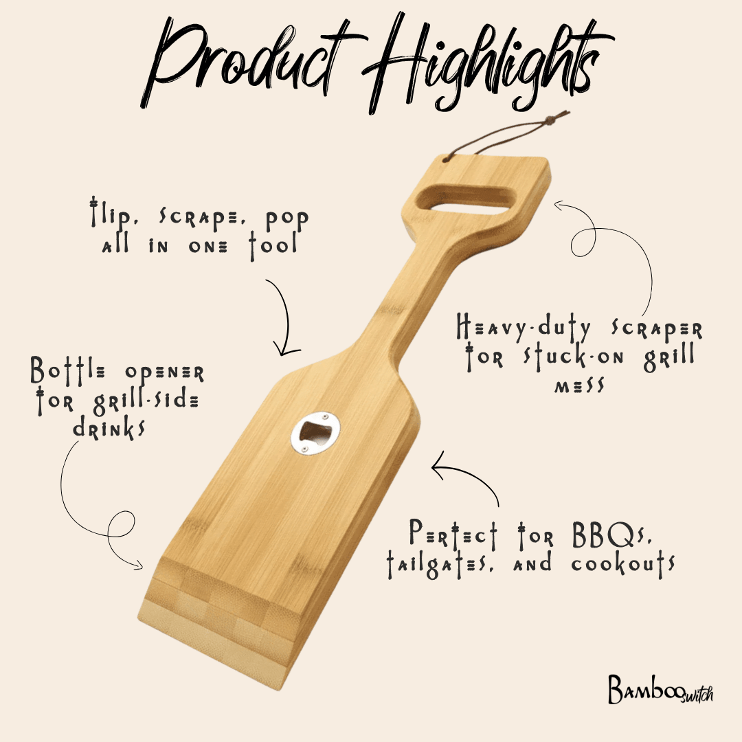 Bamboo 3 - in - 1 Grill Scraper, Spatula & Bottle Opener - Bamboo Switch