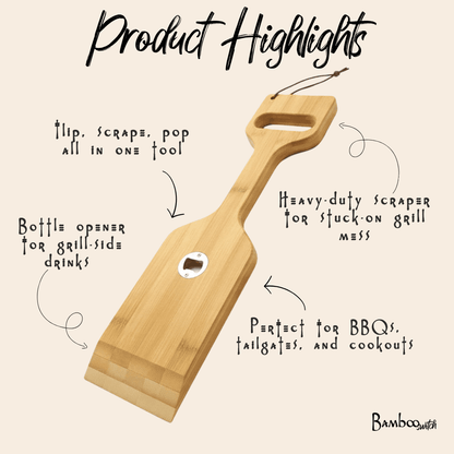 Bamboo 3 - in - 1 Grill Scraper, Spatula & Bottle Opener - Bamboo Switch