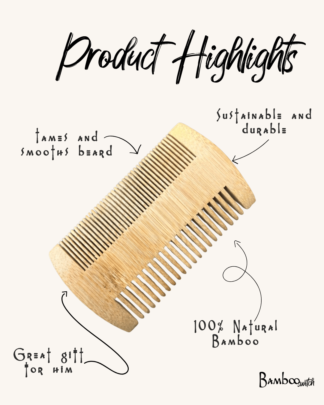 Bamboo Beard Comb | Double - Sided - Bamboo Switch