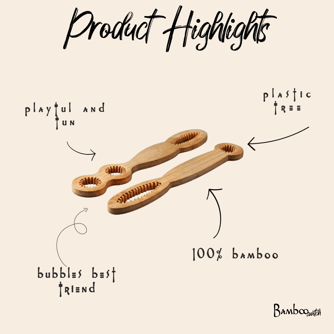 Product Highlights graphic showing two bamboo bubble wands on a beige background with handwritten text and arrows reading 'Product Highlights,' 'playful and fun,' 'plastic free,' '100% bamboo,' and 'bubbles best friend.' Brand name 'Bamboo Switch' appears at the bottom right by Bamboo Switch