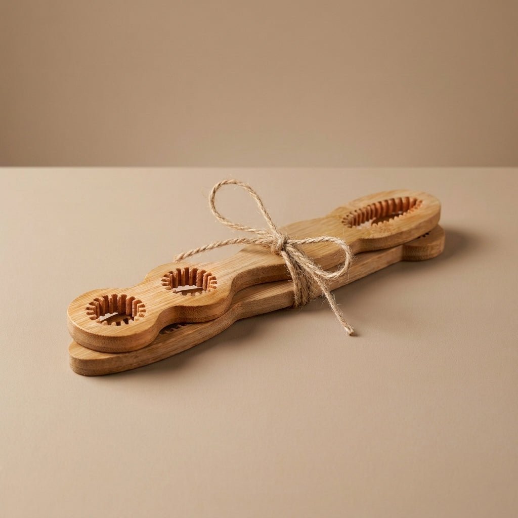 Two bamboo bubble wands tied together with a simple jute rope, set against a minimalist beige background by Bamboo Switch