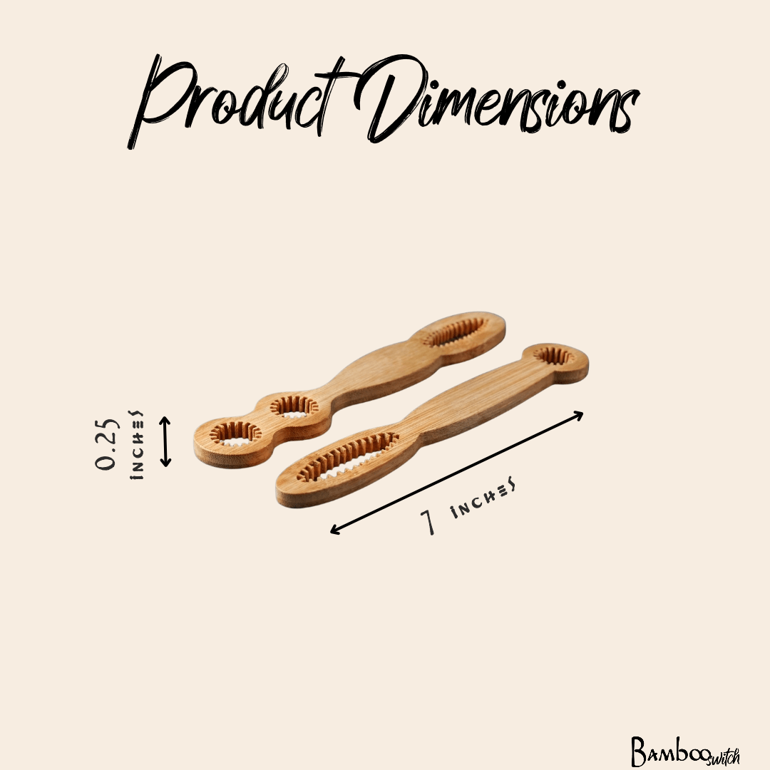 Product dimensions diagram showing two light natural bamboo baby teething toys on a beige background, with text indicating 7 inches length, 0.25 inches width, and a Bamboo Switch brand mark in the corner by Bamboo Switch