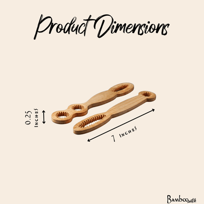 Product dimensions diagram showing two light natural bamboo baby teething toys on a beige background, with text indicating 7 inches length, 0.25 inches width, and a Bamboo Switch brand mark in the corner by Bamboo Switch