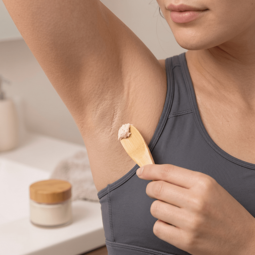 Deodorant applicator in use by female model applying natural deodorant | Bamboo Switch