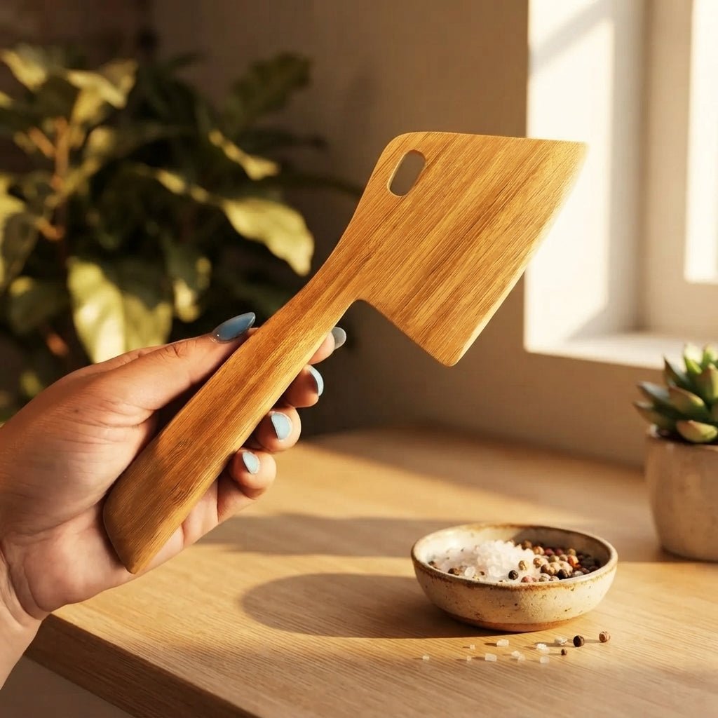 A hand holds a bamboo kitchen knife-cheft style tool with a long handle and angled blade over a wooden table, with a small bowl of seasoning nearby and plants in the background.