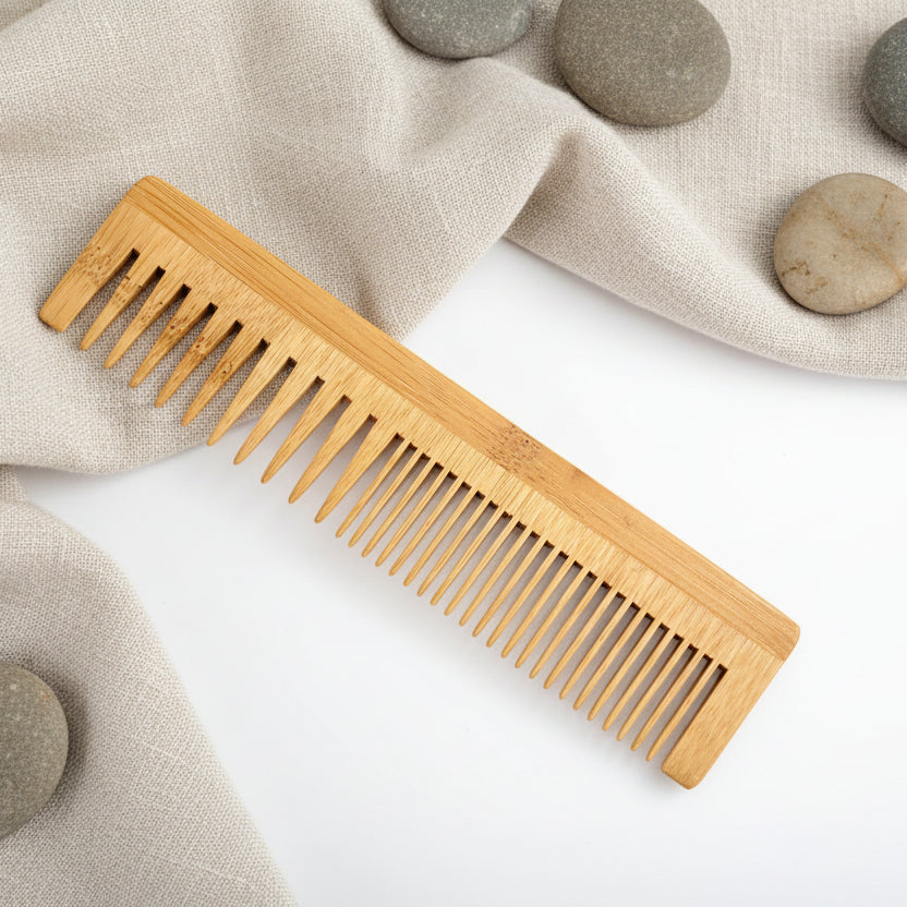 Dual-sided bamboo comb with wide and fine teeth, eco-friendly design