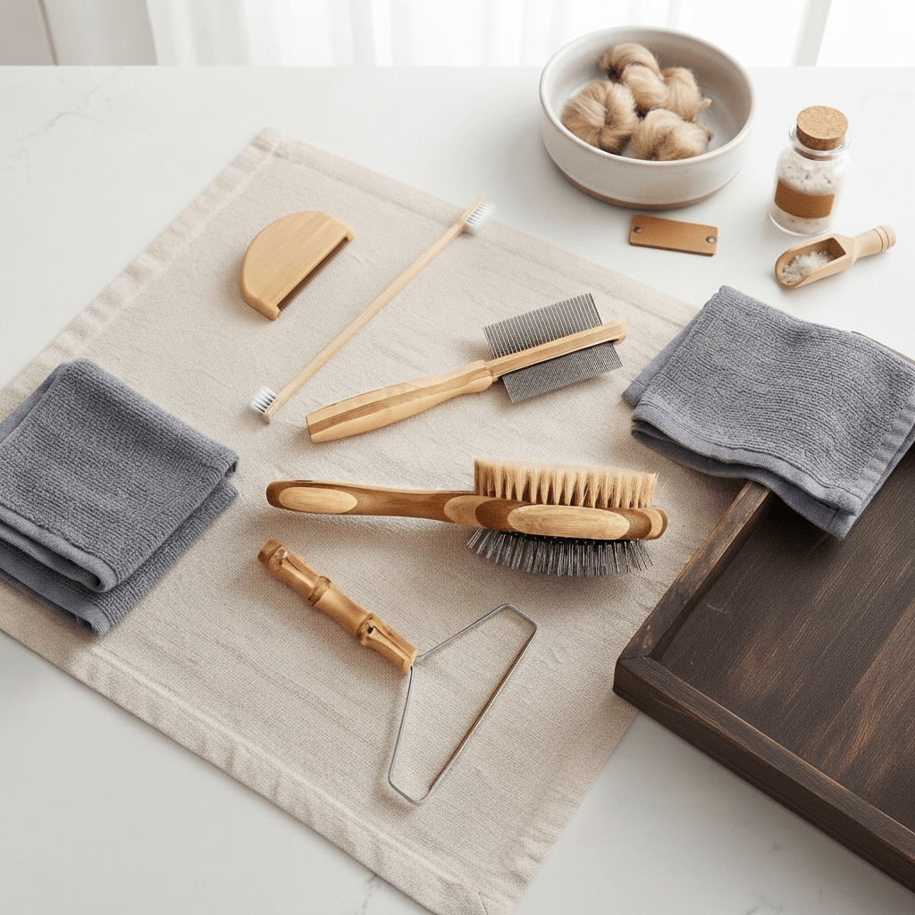 A set of bamboo pet dog cleaning tools arranged on a beige cloth on a white marble surface, including a toothbrush, brush, scraper, and other grooming/cleaning accessories, with gray towels and small toiletry items nearby.