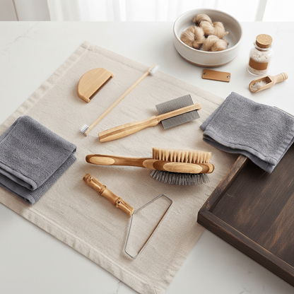 A set of bamboo pet dog cleaning tools arranged on a beige cloth on a white marble surface, including a toothbrush, brush, scraper, and other grooming/cleaning accessories, with gray towels and small toiletry items nearby.