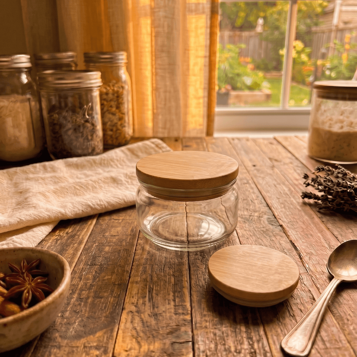 Bamboo Glass Jar Lid on a rustic eco-friendly counter | Bamboo Switch