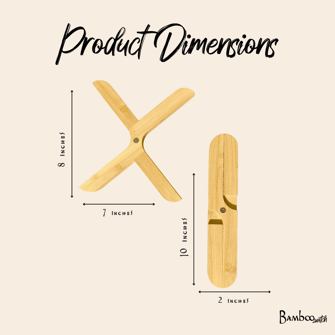 Product dimensions diagram showing a bamboo trivet hot pot stand