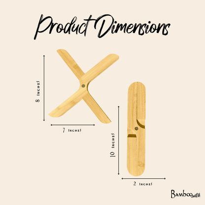 Product dimensions diagram showing a bamboo trivet hot pot stand
