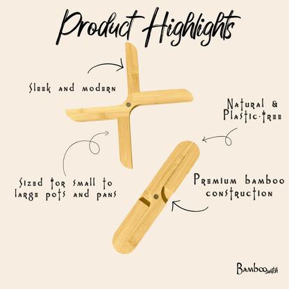 Product highlights graphic for a bamboo trivet stand on a light beige background