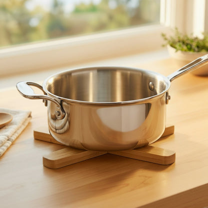Stainless steel pot on a bamboo stand with a blurred window and plant in the background