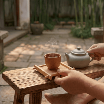 Bamboo Tea Cup Coaster in use during outside tea ceremony | Bamboo Switch