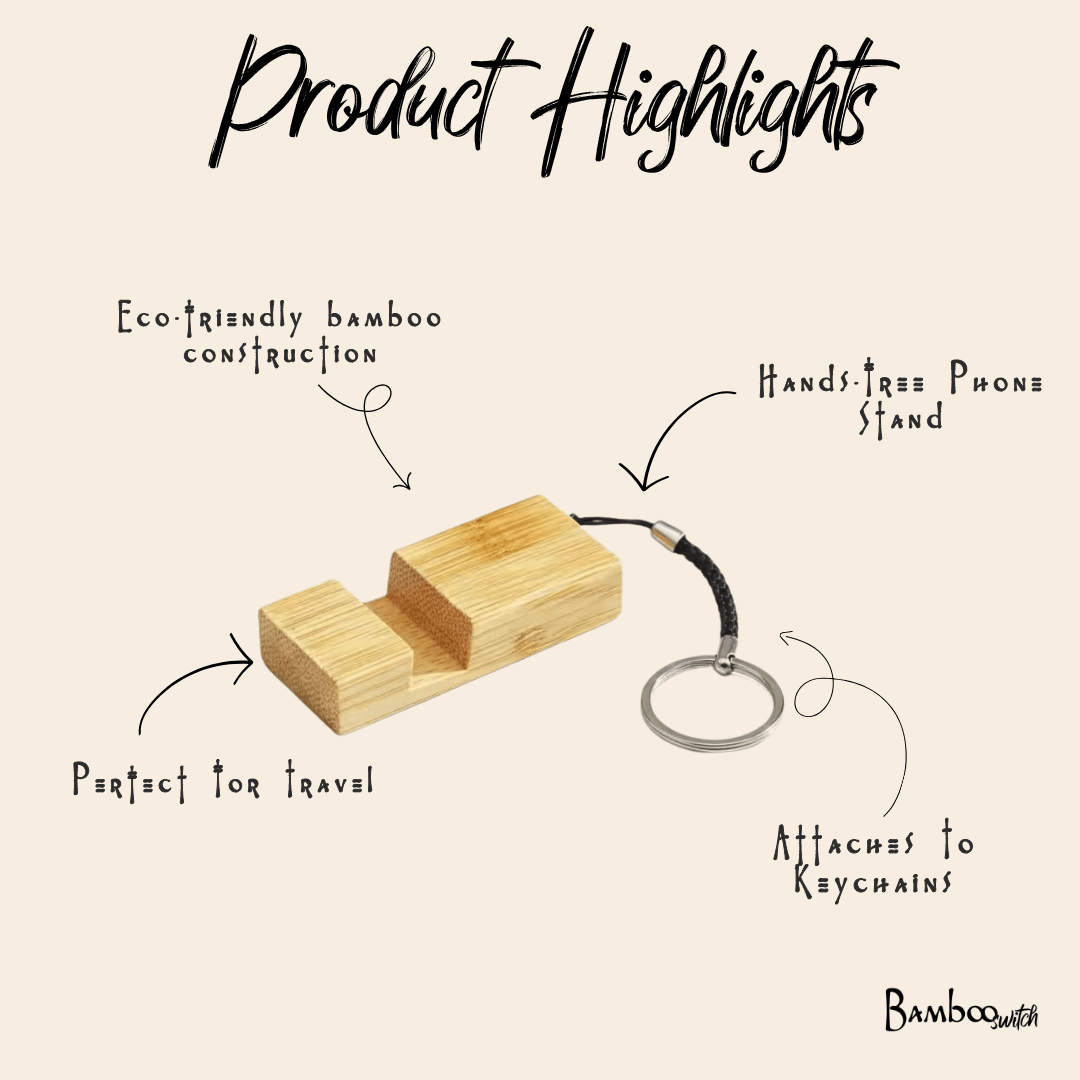 Infographic listing product highlights of keychain phone holder | Bamboo Switch