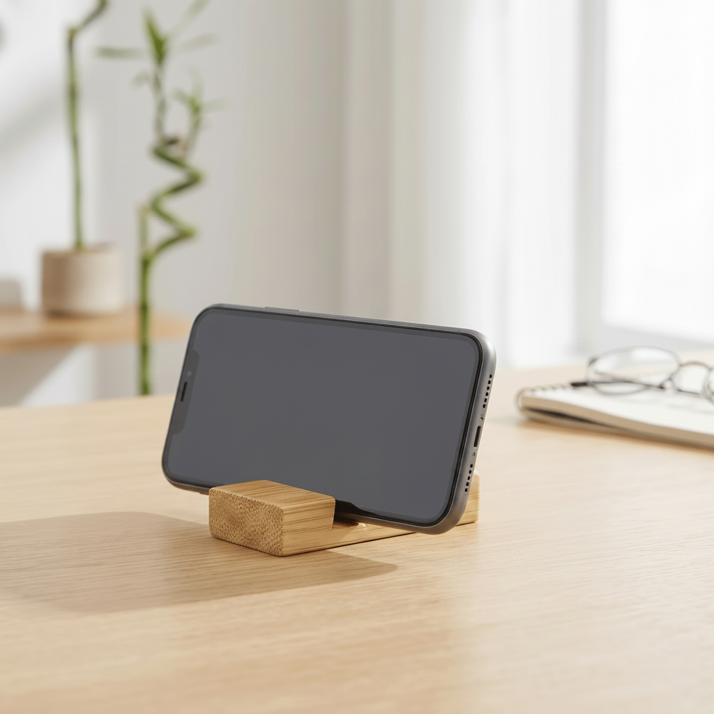 Keychain holder unfolded as phone stand on desk | Bamboo Switch