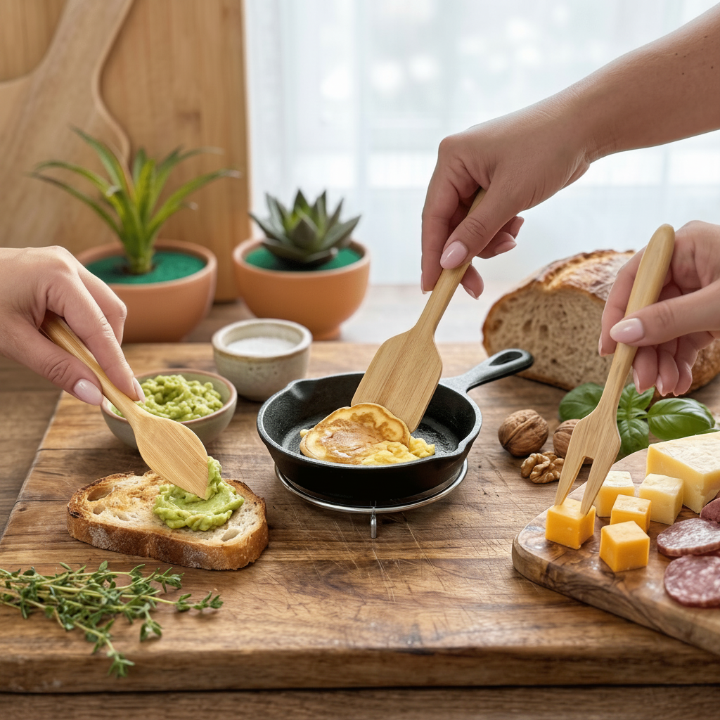 The Bamboo Switch 3 piece utensil set in use by a party to serve multiple types of food | Bamboo Switch