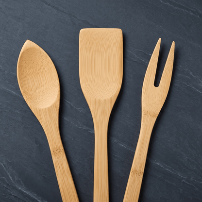 3 piece utensil set laid out against a contrasting background | Bamboo Switch