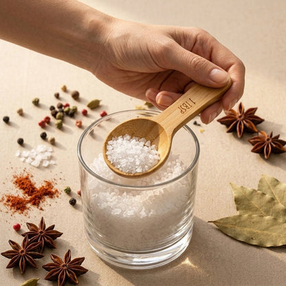 Bamboo tablespoon on beige surface with spices and herbs | Bamboo Switch