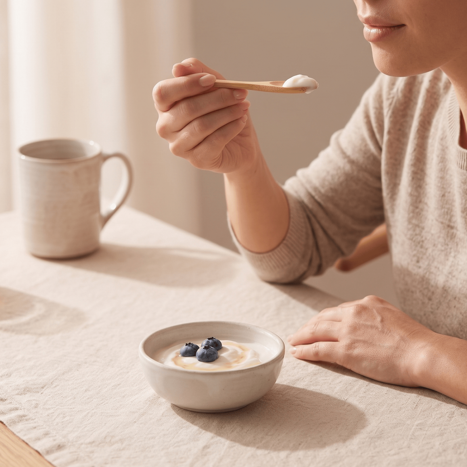Model eats yogurt using the mini rounded spoon in a clean dining environment | Bamboo Switch
