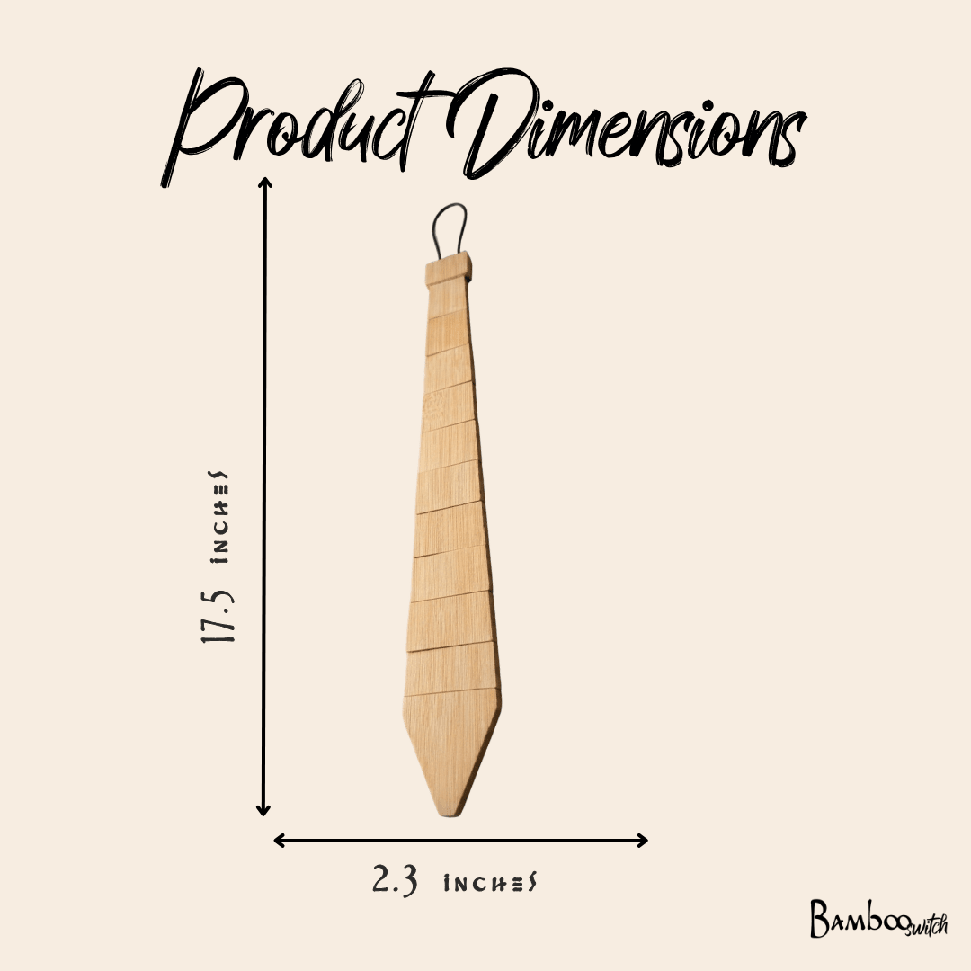 Bamboo Neck Tie with dimensions labeled on a beige background
