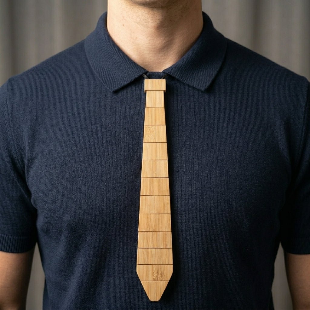Person wearing a bamboo neck tie over a dark blue polo shirt against a neutral background by Bamboo Switch®