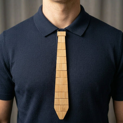 Person wearing a bamboo neck tie over a dark blue polo shirt against a neutral background by Bamboo Switch®