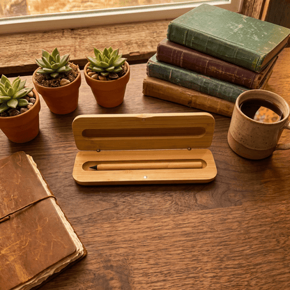 bamboo never ending pencil in its case sitting on a desk surrounded by study materials and succulents | Bamboo Switch