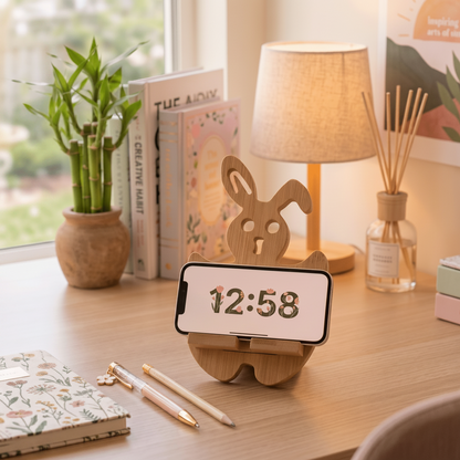 Bunny phone stand holding phone on desk with lamp | Bamboo Switch
