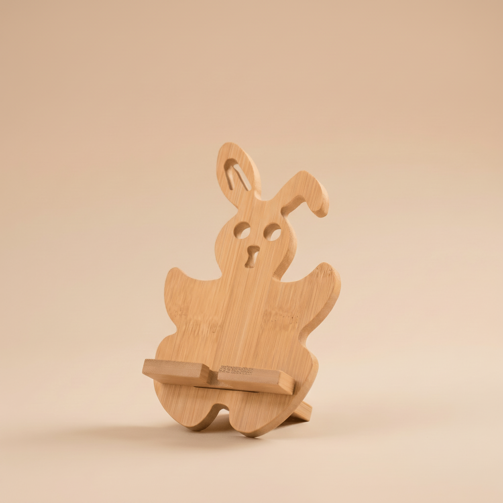 Bamboo bunny-shaped phone stand on beige background | Bamboo Switch