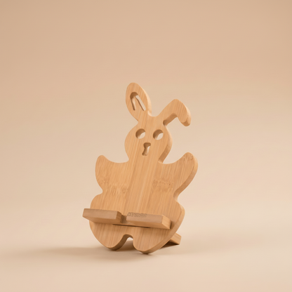 Bamboo bunny-shaped phone stand on beige background | Bamboo Switch