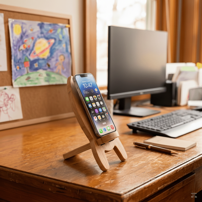 Bamboo Phone Stand Rocket Ship in use on dads desk | Bamboo Switch