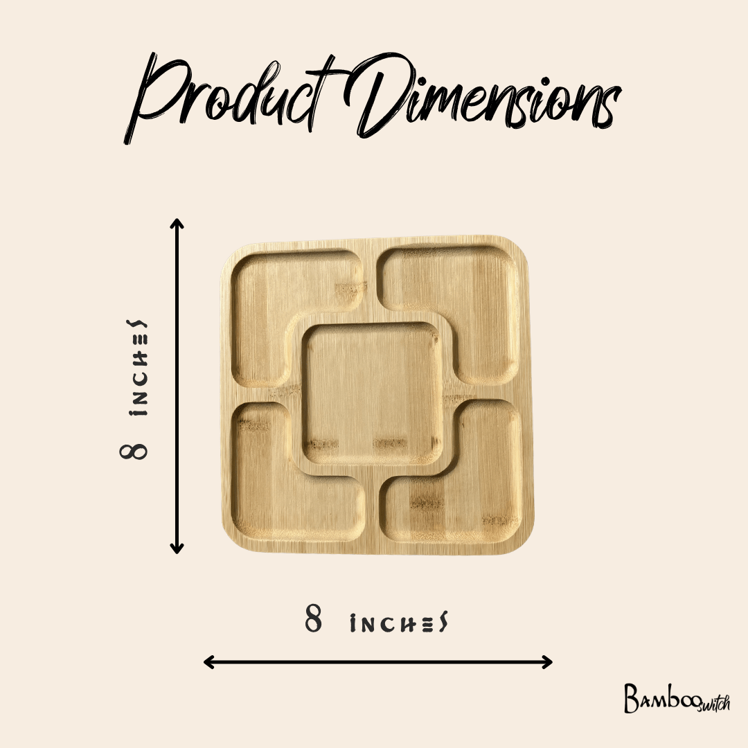 Product dimensions diagram showing a square bamboo tray with four recessed sections, labeled as 8 inches by 8 inches on a light beige background with 'Product Dimensions' text by Bamboo Switch
